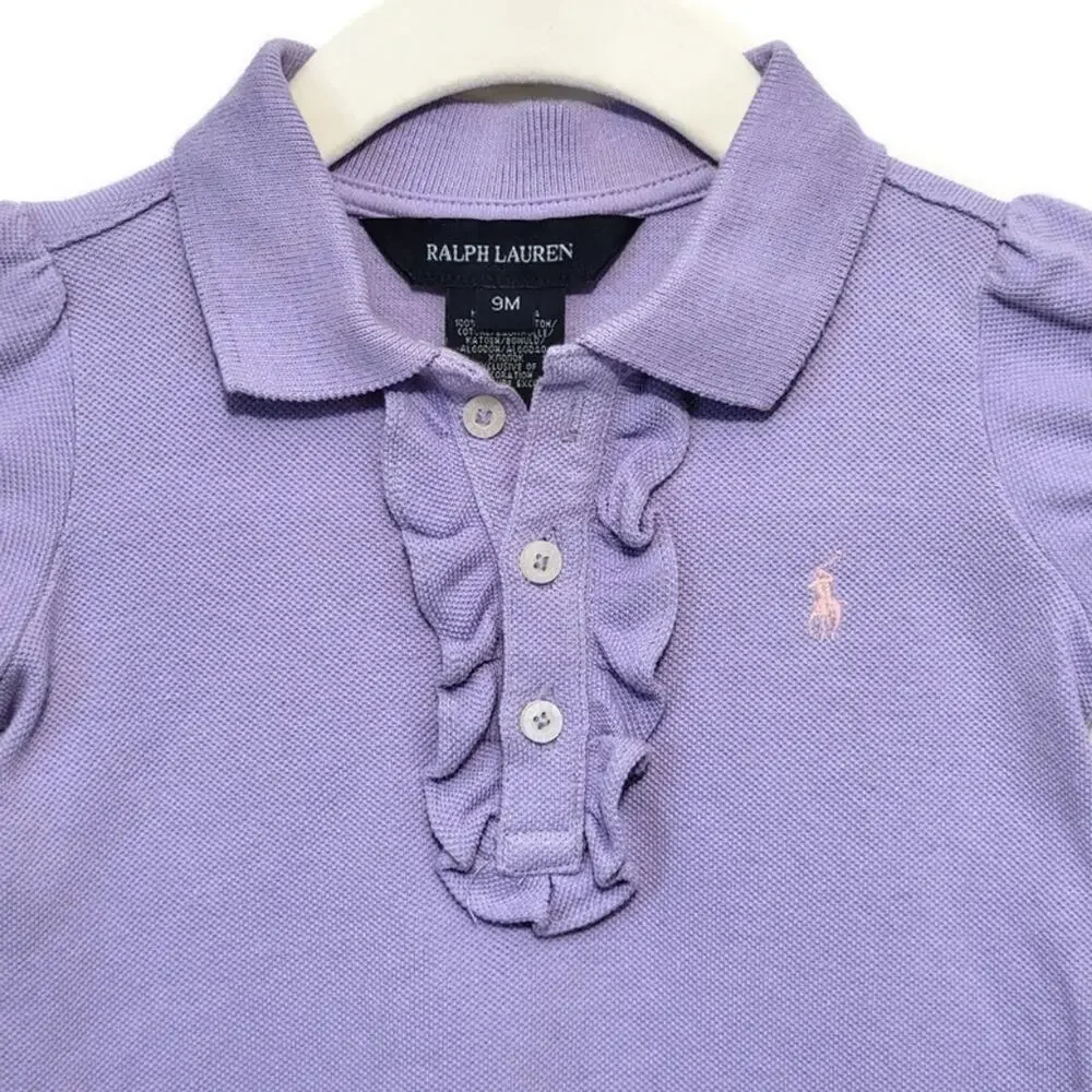 Ralph Lauren Girls Ruffle Polo Shirt Button Down Short Sleeve Purple 9M